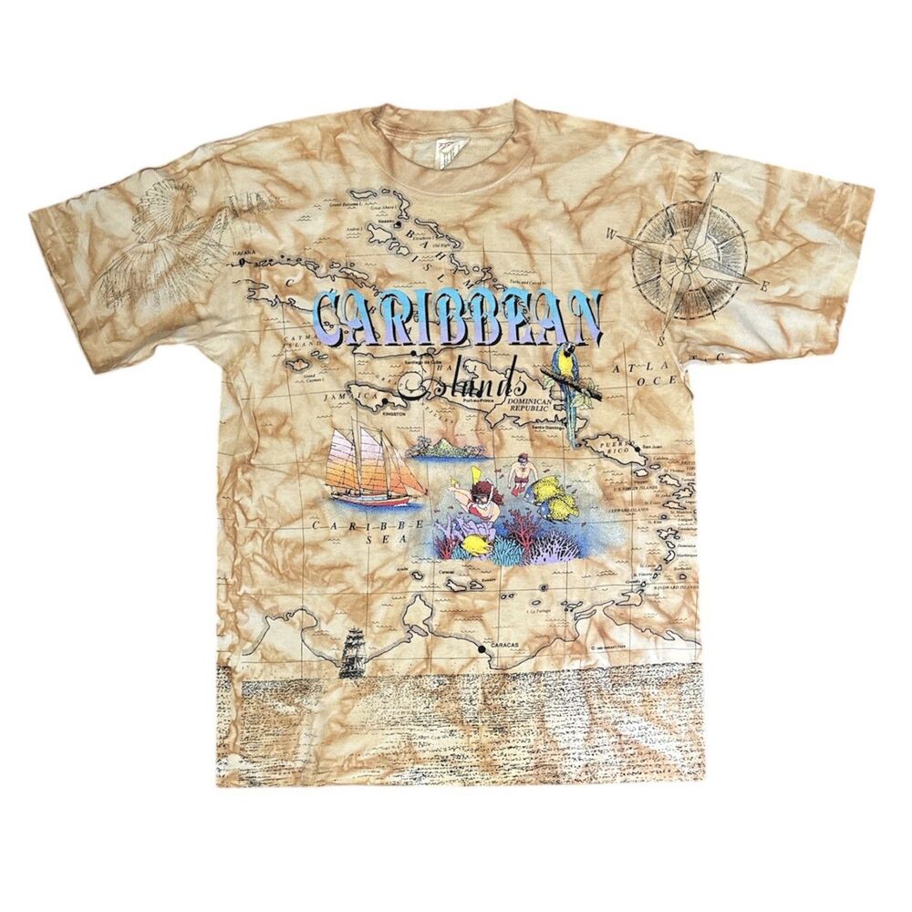 Vintage 90s Single Stitch mens shirt size L Caribbean Islands All Over Print AOP